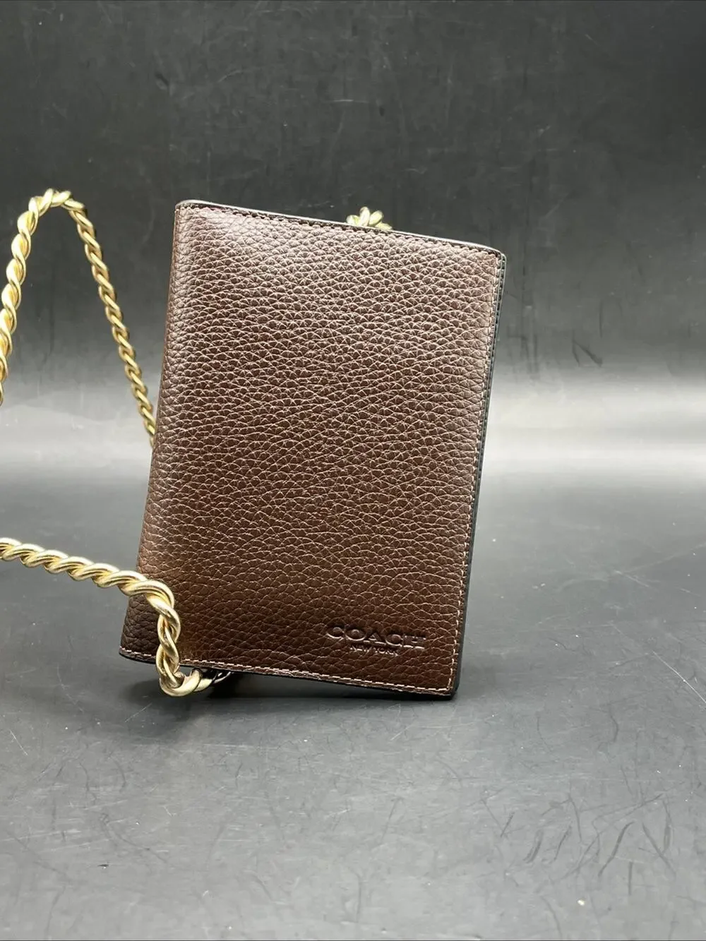 NWOT Coach CU131 Dark Brown Pebbled Leather Passport Case